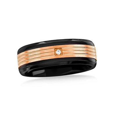 Metallo Stainless Steel Black and Rose Gold Cz Ring