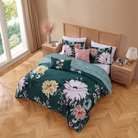 Bebejan Wild Flowers on Teal Bedding 200 Thread Count 100% Cotton Sateen 5 Piece Reversible Queen Size Comforter Set