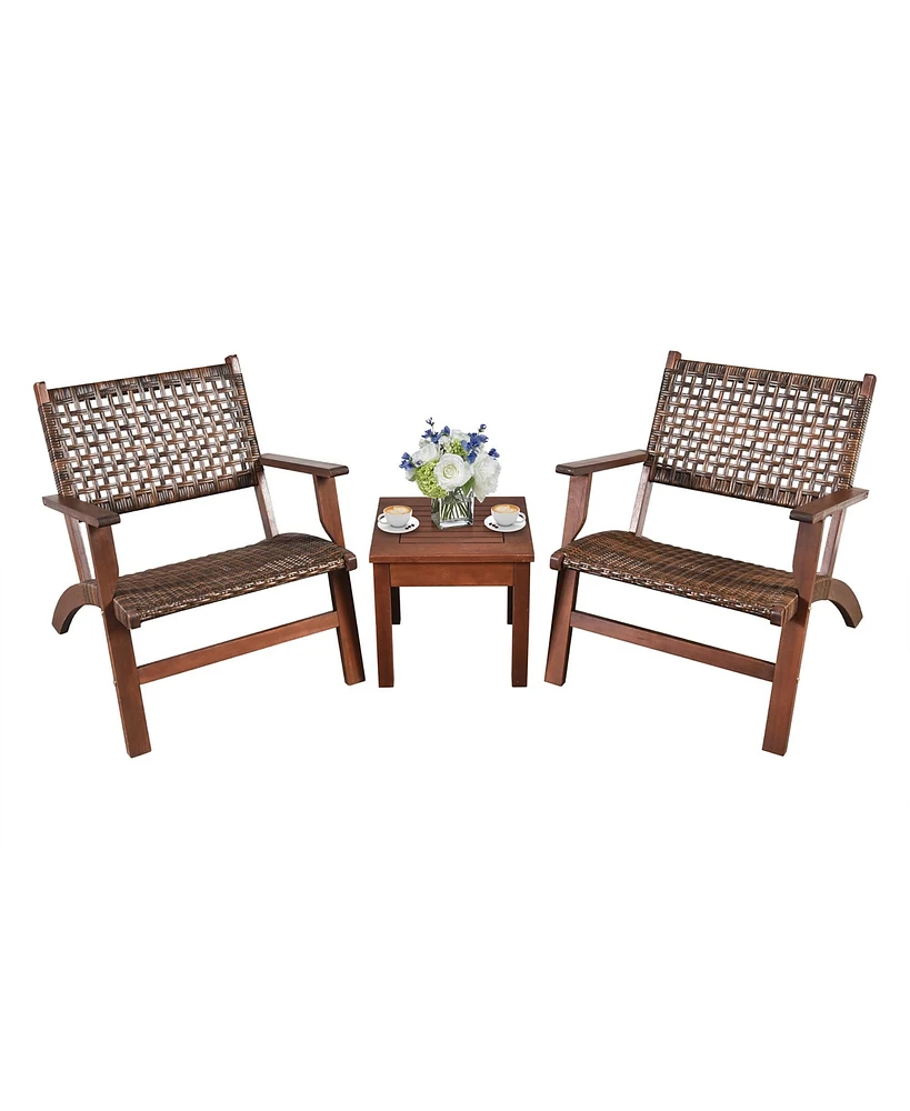 Gymax 3PCS Rattan Patio Chair & Table Set Outdoor Furniture Set w/ Wooden Frame