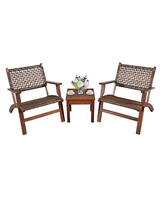 Gymax 3PCS Rattan Patio Chair & Table Set Outdoor Furniture Set w/ Wooden Frame