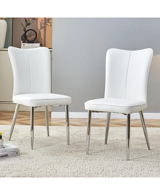 Simplie Fun Modern minimalist dining chairs, office chairs. 2piece set of white Pu seats with silver metal legs. Suitable for restaurants, living room