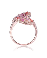 Genevive Sterling Silver with 18K Rose Gold Plated Multi Colored Pear Oval and Round Cubic Zirconia Swirl Bypass Ring