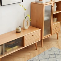 Solid Beech Tv Cabinet with Chinese Glass Doors, Storage Space