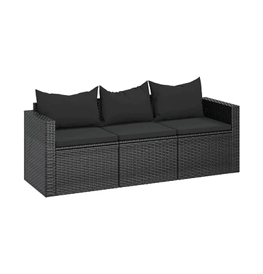 3-Seater Patio Sofa with Cushions Black Poly Rattan