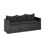 3-Seater Patio Sofa with Cushions Black Poly Rattan