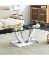 Simplie Fun Minimalist Glass Coffee Table with Marble Legs