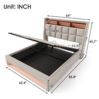 Queen Upholstered Platform Bed with Storage, Led, Usb
