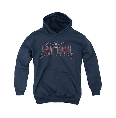 Batman Boys Youth Vintage Bat Logo On Navy Pull Over Hoodie / Hooded Sweatshirt