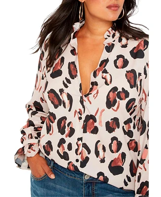 Eloquii Plus Printed Button Down Shirt With Ruffle Neck