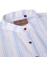 Suslo Couture Men's Linen Stripped Banded Collar Button Up