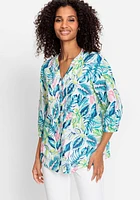 Olsen Women's Cotton Linen 3/4 Tropic Print Tunic Shirt