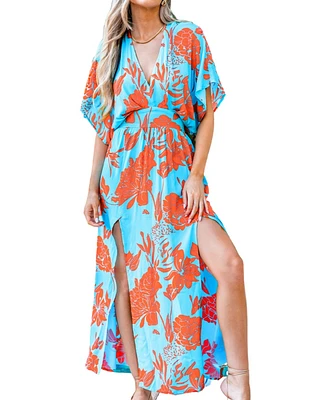 Cupshe Women's Leaf Print Dolman Sleeve Maxi Beach Dress