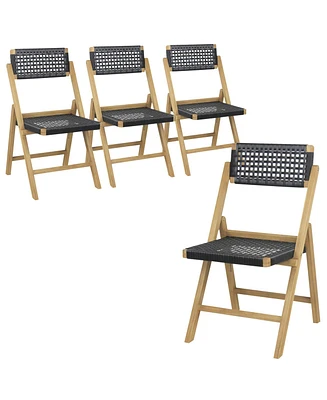 Costway 2 Piece Patio Folding Chairs with Woven Rope Seat & High Back Teak Wood for Porch