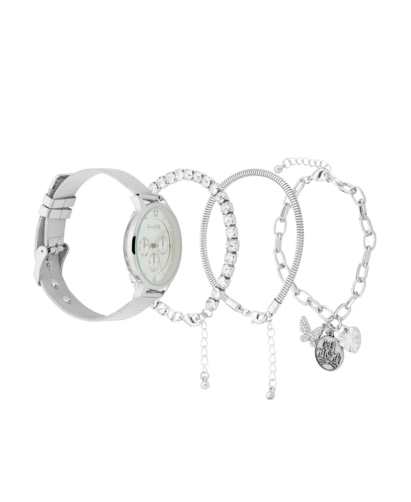 Jessica Carlyle Women's Silver-Tone Mesh Metal Alloy Bracelet Watch 36mm Gift Set