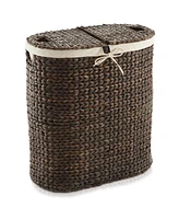 Casafield Oval Laundry Hamper with Lids and Removable Liner Bags - Natural, Woven Water Hyacinth 2-Section Basket for Clothes Towels