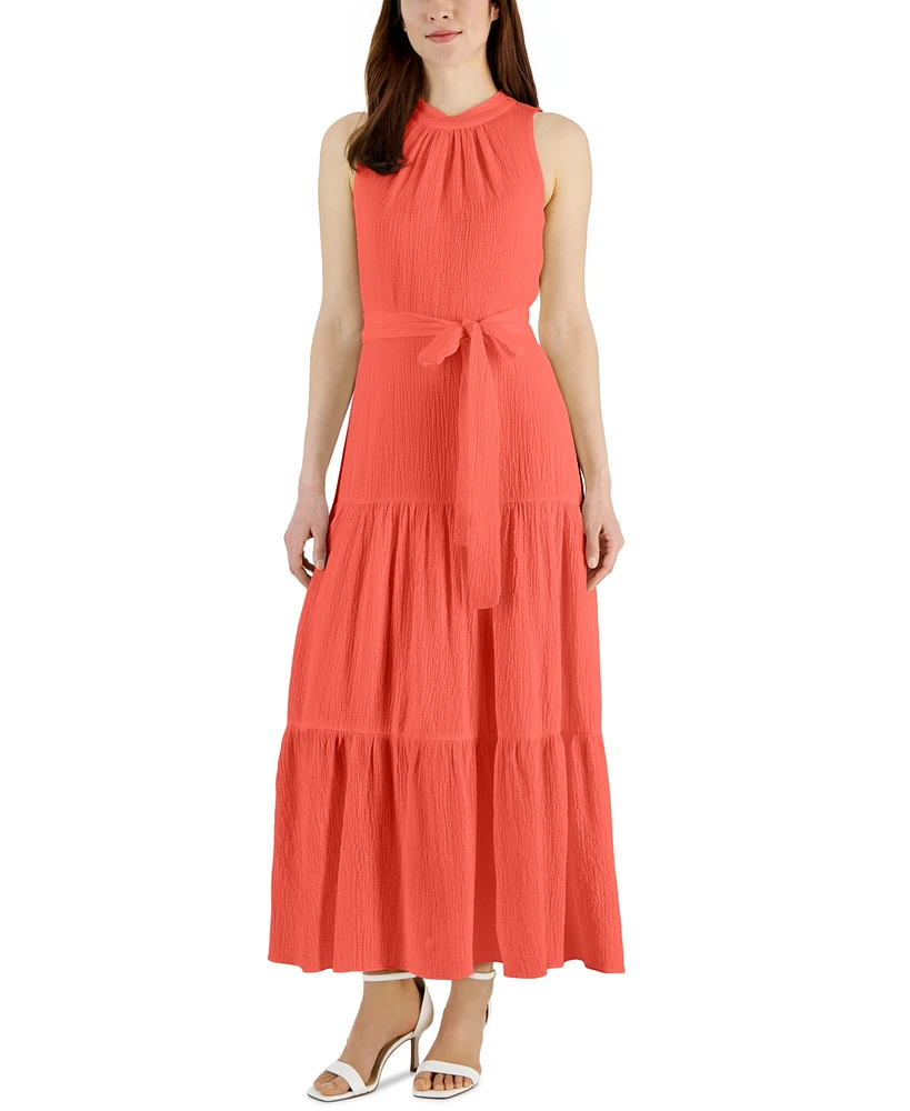 Anne Klein Petite Tie-Waist Tiered Tie-Back Maxi Dress