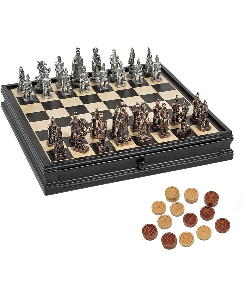 We Games Chinese Qin Chess & Checkers Game Set - Pewter Chessmen & Black Stained Wood Board with Storage Drawers 15 in.