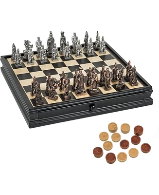 We Games Chinese Qin Chess & Checkers Game Set - Pewter Chessmen & Black Stained Wood Board with Storage Drawers 15 in.