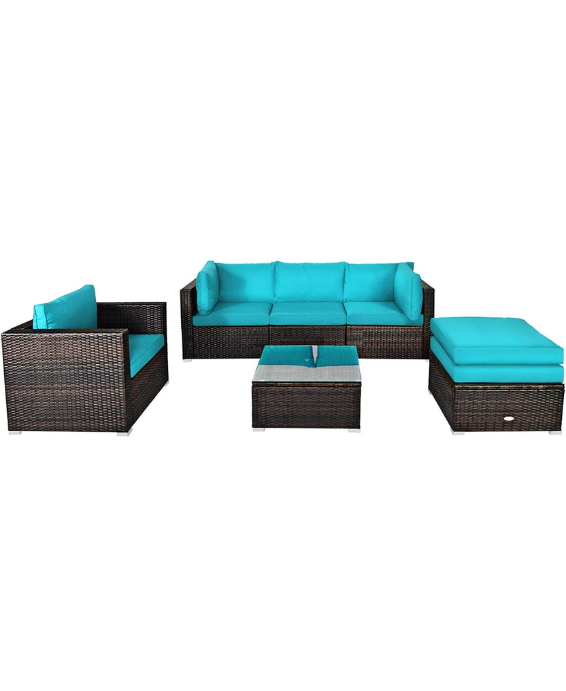 Gymax 6PCS Patio Conversation Set Rattan Sectional Furniture Set w/ Turquoise Cushions