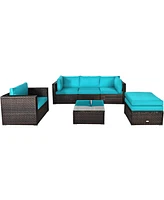 Gymax 6PCS Patio Conversation Set Rattan Sectional Furniture Set w/ Turquoise Cushions