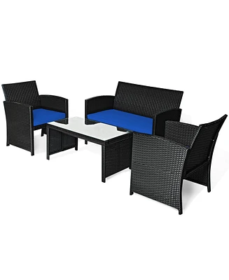 Gymax 4PCS Rattan Outdoor Conversation Set Patio Furniture Set w/ Navy Cushions
