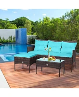 Gymax 3PCS Patio Rattan Sectional Conversation Furniture Set w/ Turqouise Cushions