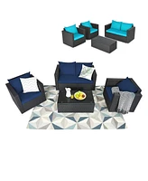 Gymax 4PCS Rattan Patio Conversation Set Outdoor Furniture Set w/ Navy & Turquoise Cushions
