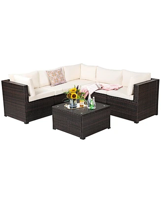 Gymax 6PCS Rattan Patio Sectional Sofa Conversation Set Outdoor w/ Beige Cushions