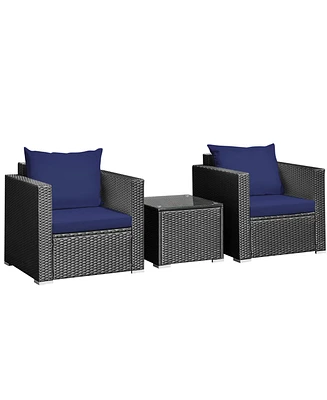 Gymax 3PCS Rattan Patio Conversation Furniture Set Outdoor w/ Navy Cushions