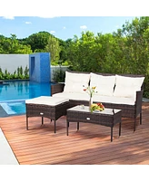 Gymax 3PCS Patio Rattan Sectional Conversation Furniture Set w/ Off White Cushions