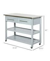 Homcom Kitchen Island with Stainless Steel Top, Traditional Kitchen Island with Storage, 2-Tier Open Shelves, Drawers, Light Gray