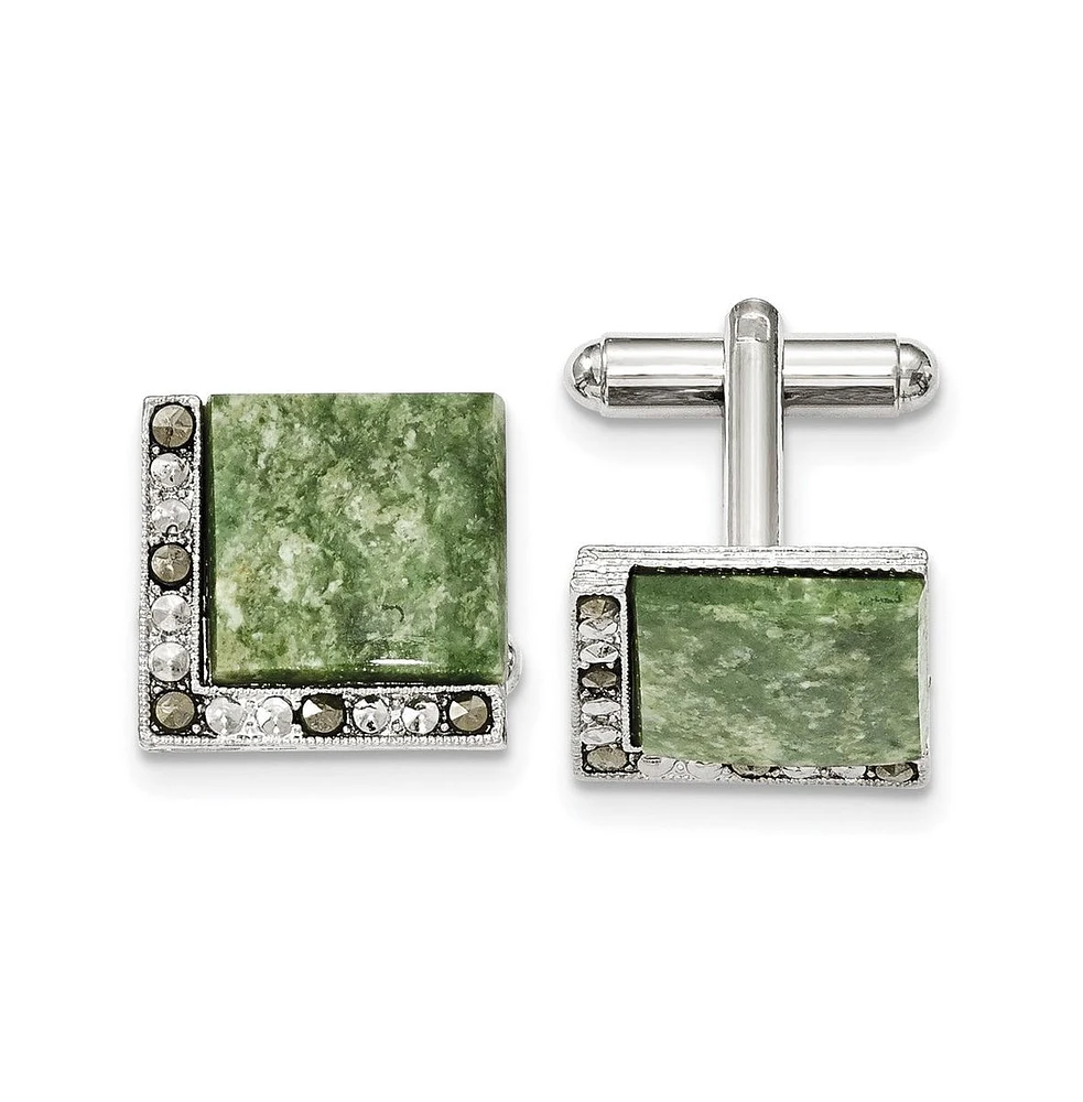 Diamond2Deal 1928 Silver-tone Green Jade and Hematite Marcasite Cuff Links