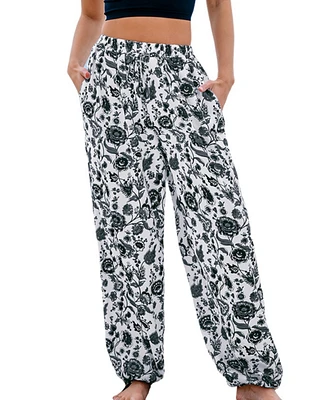 Cupshe Women's Black & White Floral Elastic Waist Tapered Leg Pants