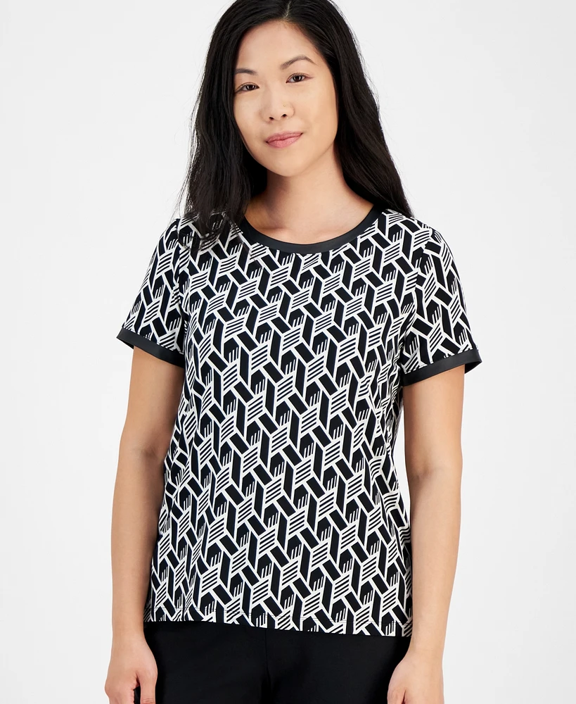 Ak Anne Klein Petite Faux-Leather-Trim Printed Top