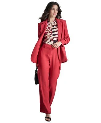 Dkny Womens Ruched Sleeve One Button Blazer Printed Balloon Sleeve Twist Neck Top Solid Straight Leg Side Pocket Mid Rise Pants