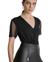 Dkny Women's Ruched Mesh-Sleeve Top