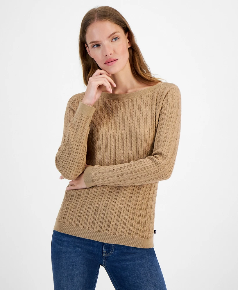Nautica Jeans Women's Cable Knit Cotton Boat Neck Sweater