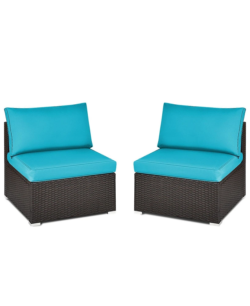 Gymax 2PCS Patio Wicker Rattan Sectional Armless Chair Sofa w/ Turquoise Cushion