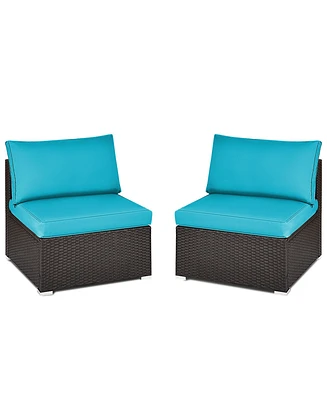 Gymax 2PCS Patio Wicker Rattan Sectional Armless Chair Sofa w/ Turquoise Cushion