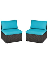 Gymax 2PCS Patio Wicker Rattan Sectional Armless Chair Sofa w/ Turquoise Cushion