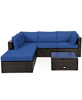 Gymax 6PCS Rattan Patio Sectional Sofa Set Outdoor Furniture Set w/ Navy Cushions