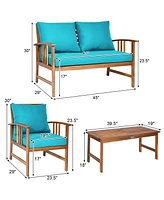 Gymax 4pcs Wooden Patio Furniture Set Table & Sectional Sofa w/ Turquoise Cushion