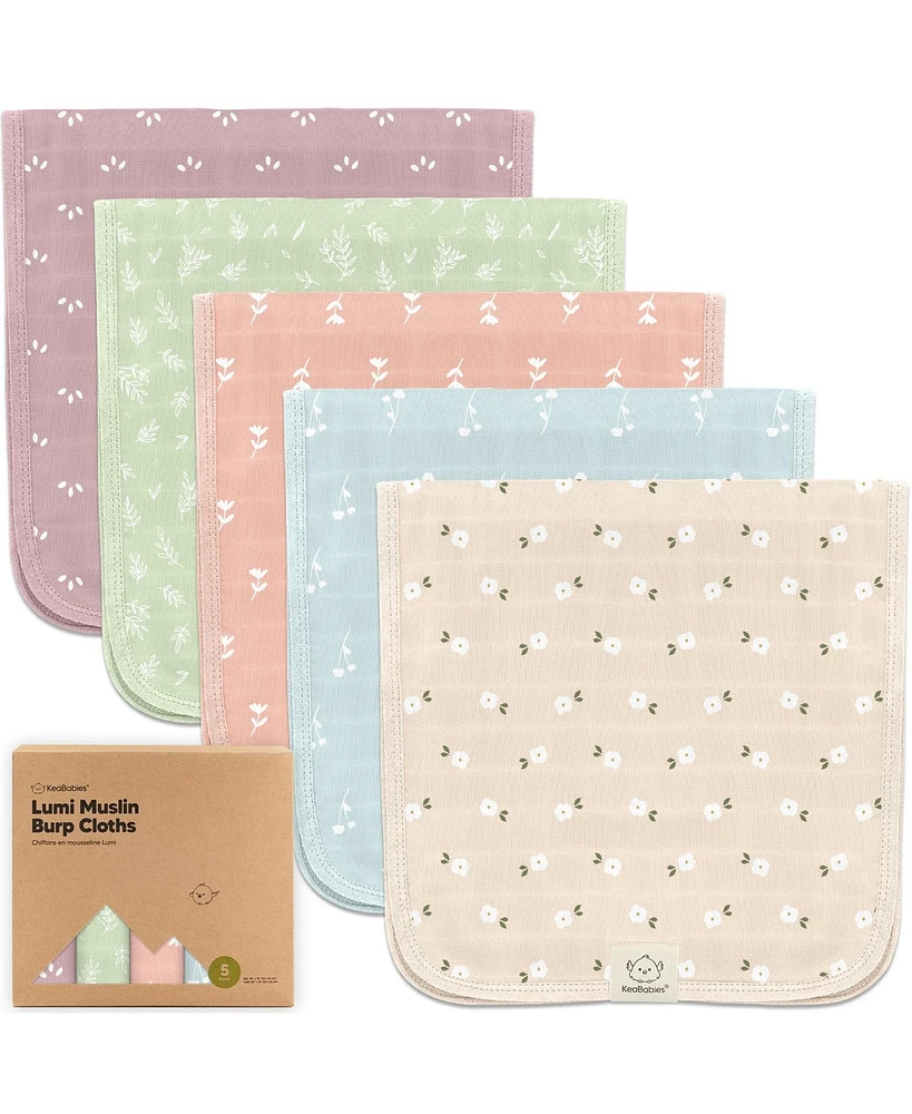 KeaBabies Kids 5pk Lumi Muslin Burp Cloths for Baby Boys, Girls, Organic Cloths, Burping