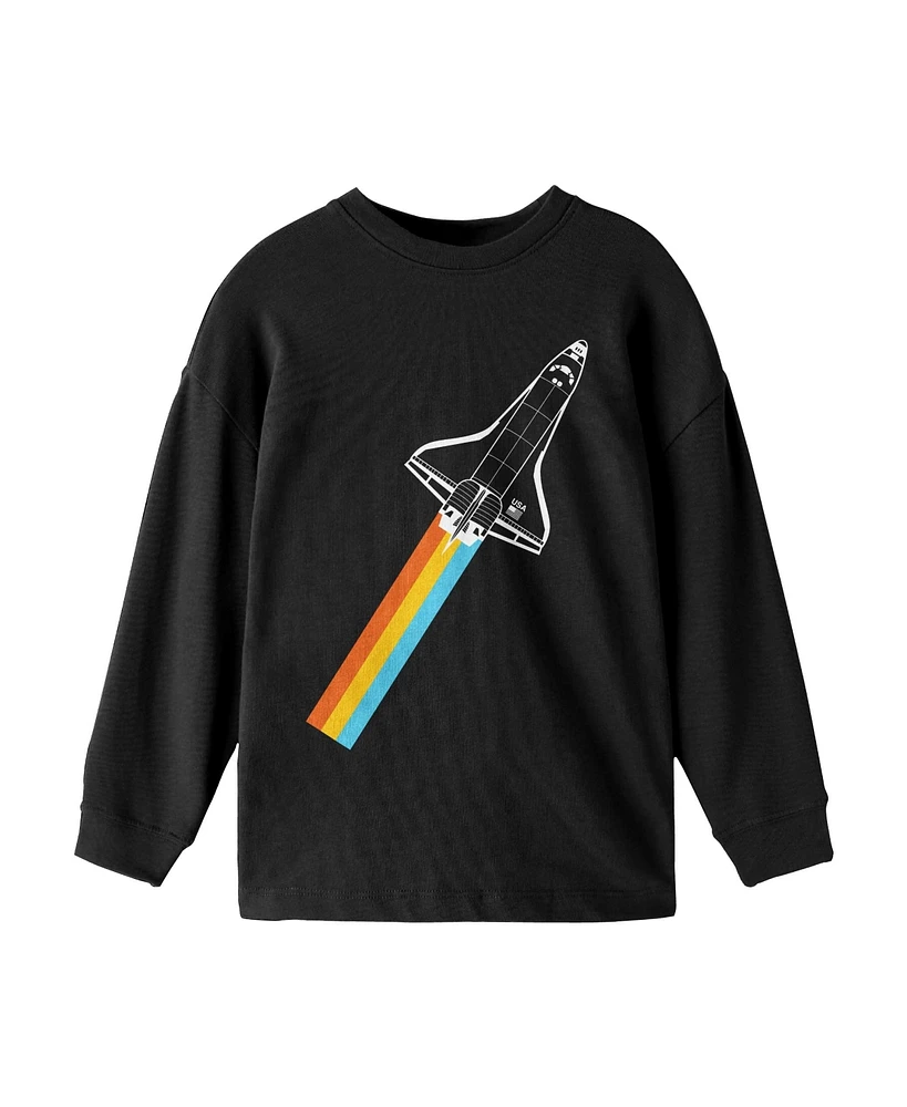 Nasa Boys Rocket Rainbow Flight Youth Black Long Sleeve Shirt