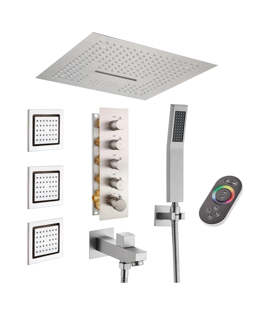 Mondawe 16" Ceiling Mounted Led Music Thermostatic Shower System Set with Handheld Spray & 3 Body Jets, Black