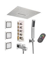 Mondawe 16" Ceiling Mounted Led Music Thermostatic Shower System Set with Handheld Spray & 3 Body Jets, Black