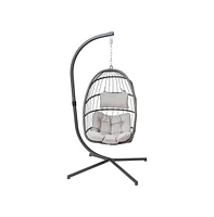 Merrick Lane Riley Foldable Woven Hanging Egg Chair With Removable Cushion And Stand For Indoor Outdoor Use