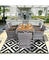 7 Pieces Patio Acacia Wood Cushioned Pe Rattan Wicker Dining Set