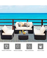 Vebreda 5 Pieces Cushioned Patio Rattan Furniture Set with Glass Table