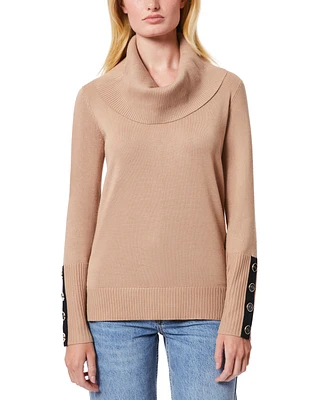 Melissa Paige Women's Petite Contrast-Cuff Cowlneck Sweater